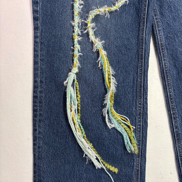 Old Navy Jeans Painted Mod Retro 70s Flower Blue Green High Rise Curvy Wide Leg - Picture 5 of 12